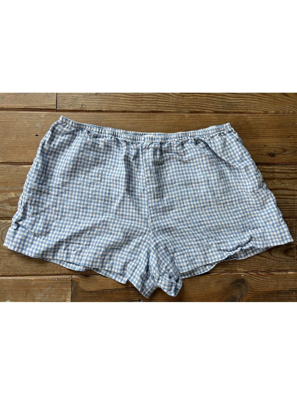 Reformation Women's XL Blue White Gingham 100% Linen Pull-On Shorts